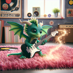 A baby dragon playing the electric guitar on a pink shag carpet.