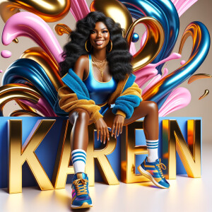 3D writing name "KAREN" bold glossy gold. There is a beautiful African-American latino woman, smiling with long black, wavy hair,, blue and gold trendy jacket and outfits in blue, pink, and gold tones, sport shoes, sitting under the name. Her outfits are glossy. dynamic color explosion background, of pink, blue, gold colors, splashed on white wall