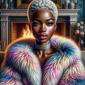 a full body veiw of a colorful gloss hyper realistic oil painting of a regal beautiful light skinned afro  American girlwith beautiful pixie cut one side of hair is black and the other side  of her hair white slick baby hair and furry white and pink and blue furry coat and outfit under the coat standing in living room with fireplace