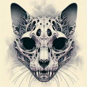 A drawing of a cat face as a skeleton