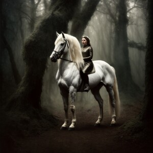 In a dark and mystical forest, a luminous sophisticated centaur...