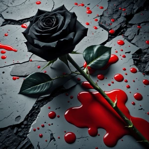 Black rose strewn onto cement and red blood fallen onto it as if...