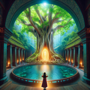 A large glowing tree surrounded by water is located inside templ...