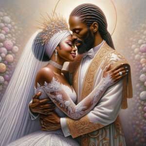 Imagine a hyper-realistic oil painting that captures a tender moment between theAfrican American bride and her God. The setting is intimate and filled with soft, warm lighting that enhances the emotional depth of the scene. The bride, in herexquisite wedding gown, shares a heartfelt embrace with her african-American Lord Jesus , who is dressedin an elegant outfit that complements the wedding's color scheme. Their expressions are full of love, pride, and joy, reflecting the special bond between them. Theattention to detail is paramount, from the intricate designs of their dresses to the subtle emotions conveyed in their facial expressions. The background is a blur ofgentle pastel hues, ensuring that the focus remains on this touching moment. Thispainting should convey the warmth, love, and depth of the relationship, with the rich textures and vibrant strokes characteristic of oil paintings, capturing the essence of this significant pre-wedding moment.