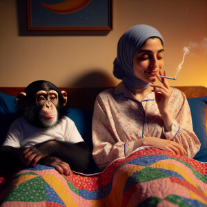 Woman in her nightgown smoking a cigarette in bed with a chimp.