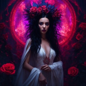 A haunting digital painting depicting a captivating American wom...