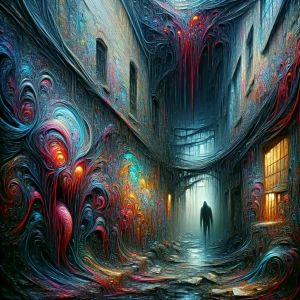 Twisted, nightmarish graffiti covering a decaying urban alleyway, dripping and pulsating with unnatural colors; a shadowy figure with glowing red eyes lurks in the background,in the style of  wes craven