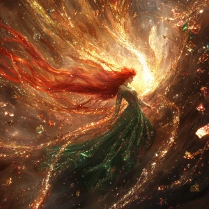 A celestial, high-angle composition. A radiant, fiery-haired God...