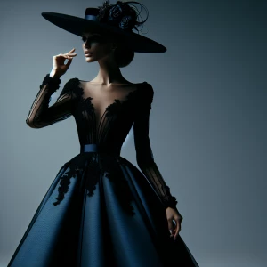 full body photography, a woman wearing an elegant blue black gown with elegant hat on her head