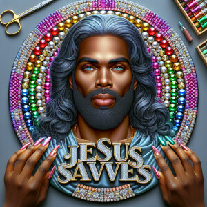 A 3D realistic artwork featuring the phrase 'Jesus Saves' adorne...