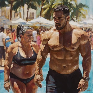 Realism  painting,a muscular beefy sweaty man  walking with his...