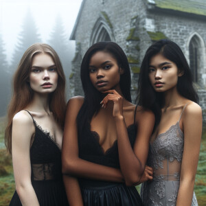 Three beautiful 19-year-old woman stand solemnly in front of an...