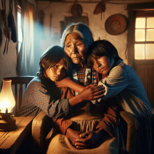 American Indian children hugging their struggling Mother