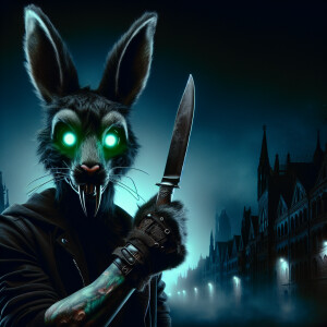 A dark portrait of a macabre Bugs Bunny with neon green light-up...