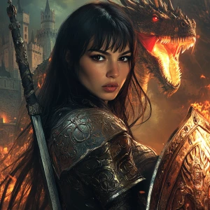 Design an image featuring a stoic female knight in medieval armor, posing in a fighting stance with a sword, facing a fire-breathing dragon with a majestic castle in the background. She has long, straight black hair with bangs, dark expressive eyes emphasized by eyeliner and eyeshadow, and arched, well-defined eyebrows. Her fair to medium skin tone is complemented by a warm, friendly smile with dimpled cheeks, a straight, well-proportioned nose, and full lips. The knight brandishes a shield, defending against the dragon's fiery onslaught, embodying the essence of a brave warrior engaged in battle.