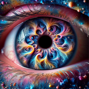 multicolored eyes, prominently featuring shades of blue, pink, a...