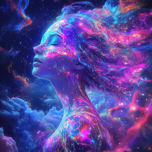 Futuristic female figure adorned with glowing, space-inspired pa...