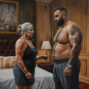 realism painting style  .A sweaty muscular man talking with his...