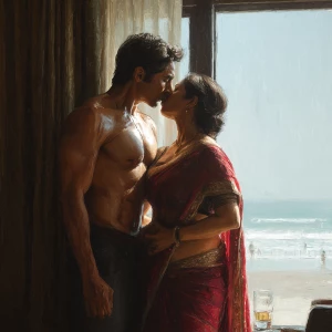 Realism,digital painting.a muscular, sweaty Indian man standing...