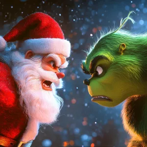 Generate a picture with Santa Claus on the left and the Grinch o...