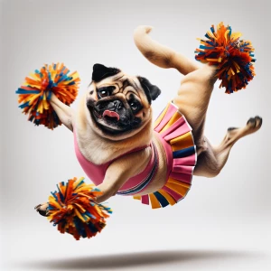 A pug cheerleader doing a back hand spring
