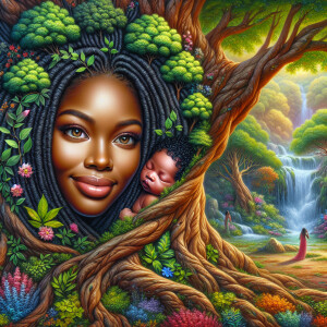 Create a close-up, hyper-realistic 3-D oil painting of a tree wi...