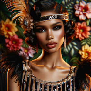 Picture a light-skinned African-American woman with striking Hawaiian features, immersed in the roaring 1920s. She's a dazzling flapper, her lively spirit captured in her attire and poise. She wears a shimmering black and gold flapper dress adorned with sequins and fringe that glisten with her every movement. Around her head, a matching headband sits gracefully, embellished with feathers and a jewel that echoes the opulence of the era. Her hair is styled in perfect finger waves, highlighting her alluring gaze and bold makeup typical of the 1920s—a smoky eye and dark, glossy lips. The background is a kaleidoscope of vibrant tropical flowers, creating a lush and vivacious scene that reflects her Hawaiian roots. Her entire demeanor is one of elegance and jubilance, a true celebration of her heritage and the exuberant era she embodies.