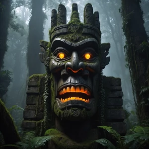 "Imagine a dark, foreboding jungle at dusk, shrouded in a thick...