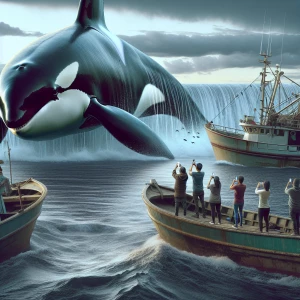 A realistic cinematic scene of a giant orca whale being seen fro...