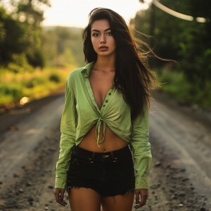 Capture the elegance of a fair-skinned woman with dark long hair...