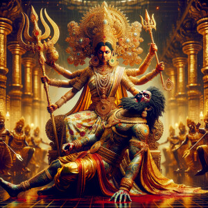 portrait of angry looking goddess durga sitting on a gold crown and carrying a weak mahishasur on her lap and stabbing him with her amazingly designed trident. She is wearing gold armor, a huge gold crown, gold saree, abundant  gold jewelry, covered in blood. The scene is set in ancient India. The image is 8K resolution, cinematic, ultra detailed face and epic.