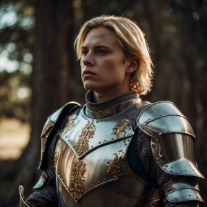 Create an image of a modern American knight, featuring blonde ha...