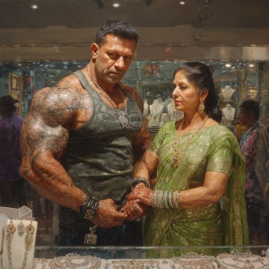 Hyperrealistic oil painting.a muscular beefy tattoed gujarati sw...