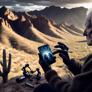 Senior artist sitting at the base of the Catalina Foothills in T...