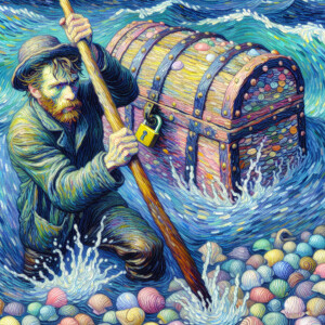 A male fisherman caught a locked chest covered with shells