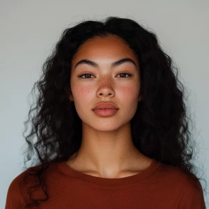 Generate a portrait of a joyful 22-year-old Blasian woman with a...