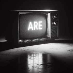 A tube tv in a scary environment that says the word “ARE” on the...