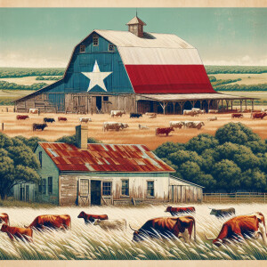 Realistic photograph of wide view of a country scene with cows i...