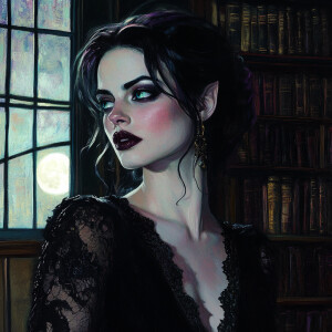 A close-up portrait of an elegant female vampire in a library st...