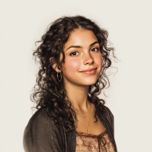 Generate a portrait of a joyful 22-year-old Mexican woman with a...