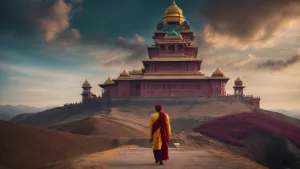 A kind King Vikram standing in front of a beautiful Himalayan ki...