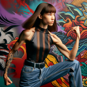 Very thin Athletic Thin skinny Attractive, Asian teenage girl, long brown hair and bangs, wearing tight skinny jeans and a halter top paint marks on her clothing, sitting side view heroic pose Asian graffiti