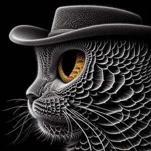 Sketch the silhouette of a cat with piercing yellow eyes and a s...