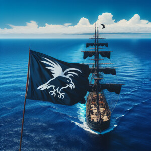 The ship is sailing in the Pacific Ocean. It has a black raven f...