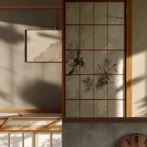 A peaceful Japanese tea room interior with a traditional wooden...