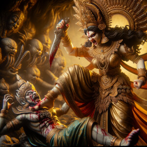 portrait of angry looking goddess durga pinning a weak mahishasur to the ground with her foot. She is wearing gold armor, a huge gold crown, gold saree, abundant  gold jewelry, covered in blood. The scene is set in ancient India. The image is 8K resolution, photography, cinematic, ultra detailed face and epic