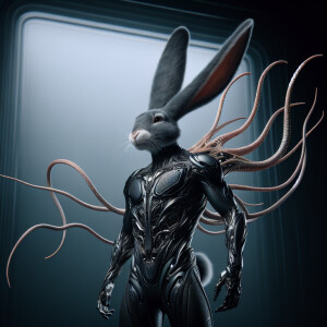 Create an image of an anthropomorphic rabbit with a sleek, form-...