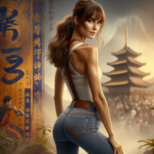 Athletic Thin skinny Attractive, Asian teenage girl, long brown hair and bangs, wearing tight skinny jeans and a halter top paint marks on her clothing, heroic pose Asian graffiti background, backside view