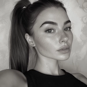 a woman, look to the camera, close up photo, High pony tail hair...