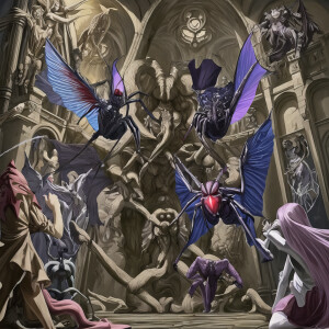 Saint spider in heaven fighting against demon-fly, phantasy styl...